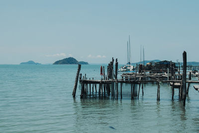 Wooden posts in sea against clear sky