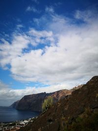 Scenic view of sea and mountains against sky