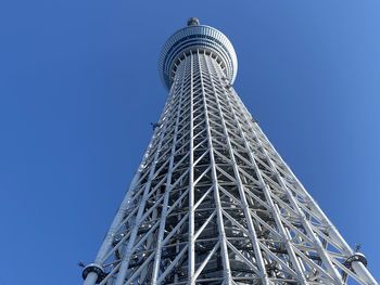 Low angle view of building against clear blue sky. tokyo skytree.
