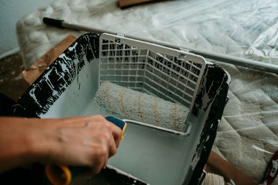 High angle view of man preparing food