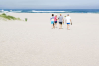 Rear view of people walking on beach