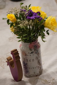 High angle view of flower vase on table