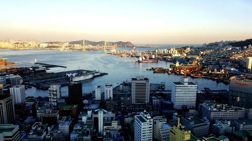 High angle view of city at waterfront