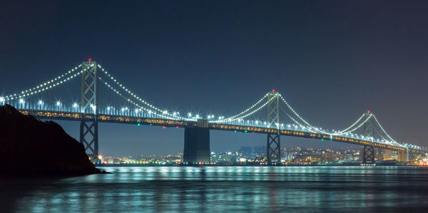 Illuminated suspension bridge at night