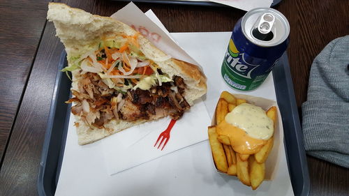 High angle view of food on table