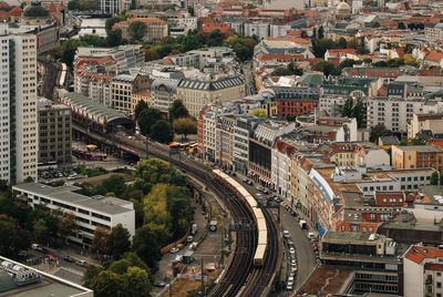 High angle view of street amidst buildings in city