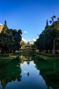 Reflection of trees and buildings in lake