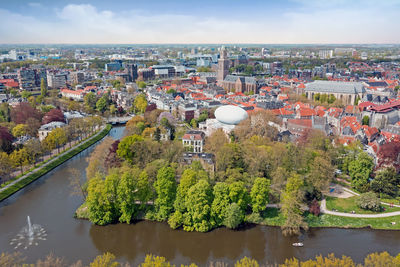 High angle view of buildings in city