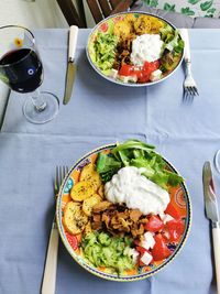 High angle view of meal served on table