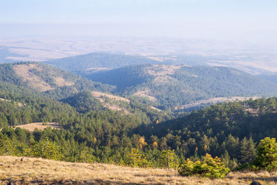 Landscape of hills and valleys on a hazy autumn day