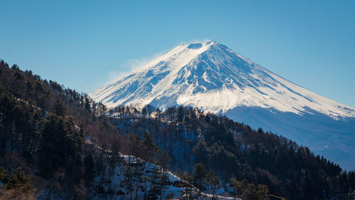 Majestic view of snowcapped mt fuji against clear blue sky