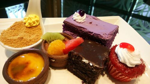 Close-up of cake served on table