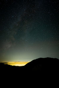 Scenic view of silhouette mountain against sky at night