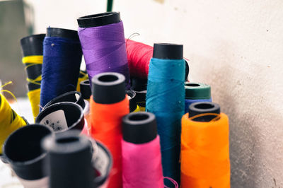 Close-up of multi colored objects on table