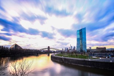 River in city against cloudy sky