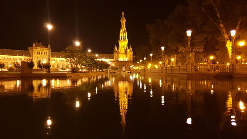 Reflection of illuminated buildings in water at night