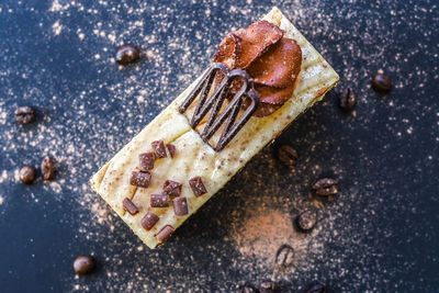 High angle view of dessert on table