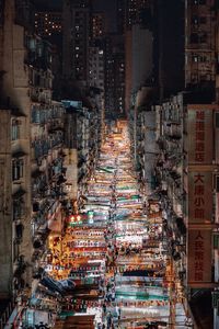 High angle view of city street at night