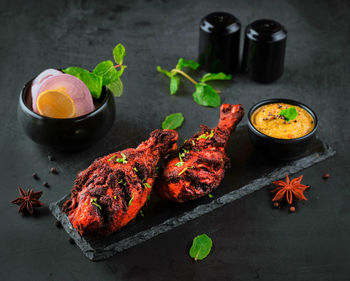 High angle view of food on table