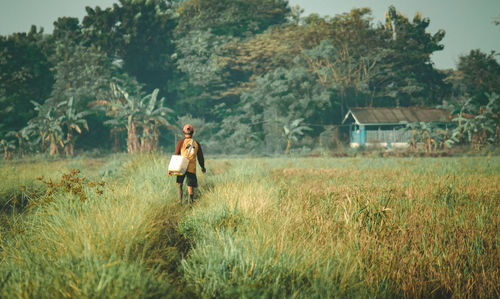 Rear view of man standing on field