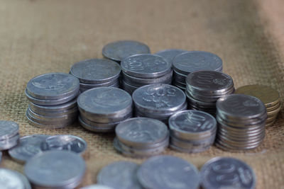High angle view of coins on table