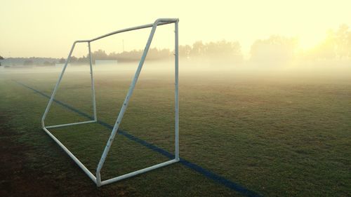 Trees on grassy field in foggy weather