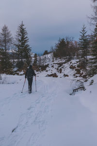 An unrecognizable male hiker wearing snowshoes walking in a forest in the french alps