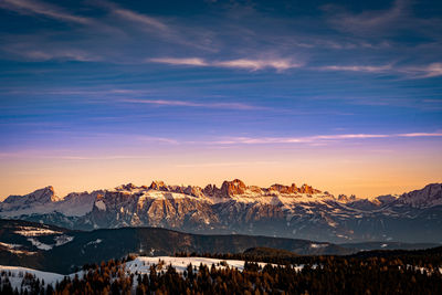 Scenic view of snowcapped mountains against sky during sunset