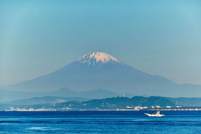 Scenic view of sea and snowcapped mountain against clear sky in the morning