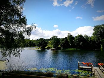 Scenic view of lake against cloudy sky