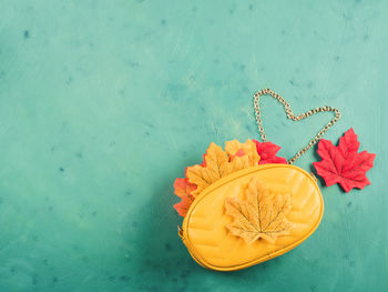 High angle view of orange fruits on table