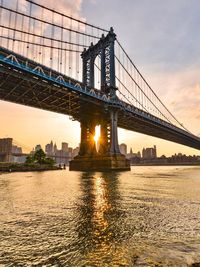 Suspension bridge over river at sunset