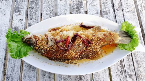 High angle view of food in plate on table