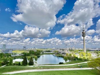 View of communications tower against cloudy sky