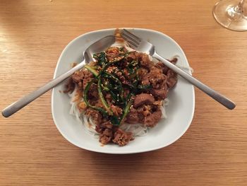 High angle view of meal served on table