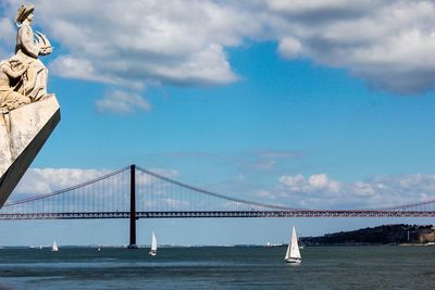 View of suspension bridge against cloudy sky