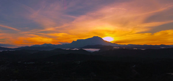 Scenic view of snowcapped mountains against sky during sunset