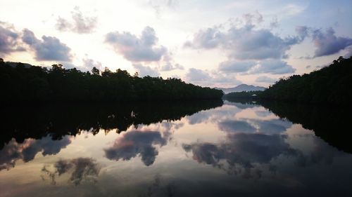 Panoramic view of lake against sky during sunset