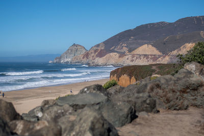 Scenic view of beach against clear blue sky