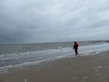 Rear view of person at beach against sky