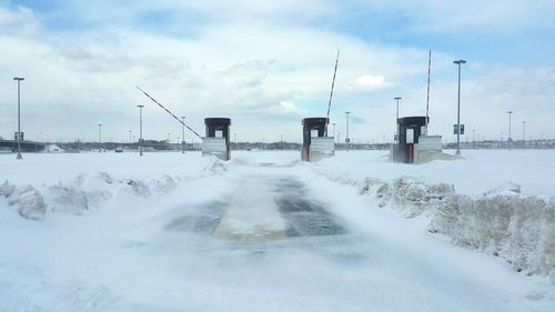 Snowcapped metlife stadium parking lot during winter