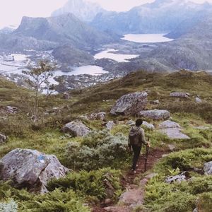 Rear view of woman standing on mountain
