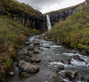 Scenic view of waterfall amidst rocks against sky