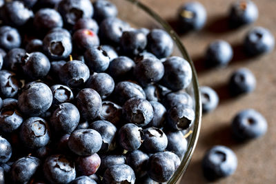 High angle view of blueberries on table