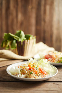 Close-up of food served on table