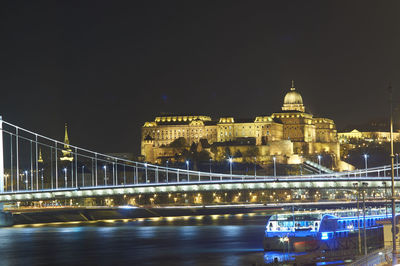 Illuminated bridge over river at night