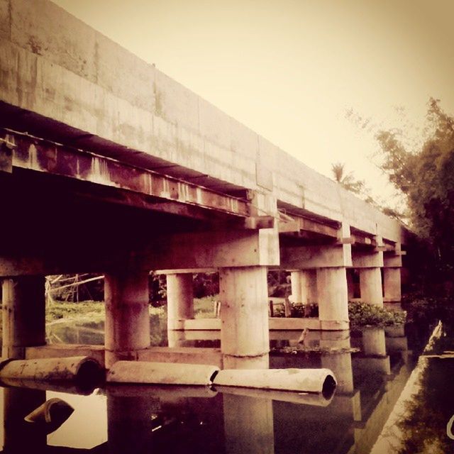 architecture, built structure, bridge - man made structure, connection, building exterior, architectural column, bridge, clear sky, low angle view, sky, column, arch, engineering, railing, outdoors, day, tree, river, no people, arch bridge