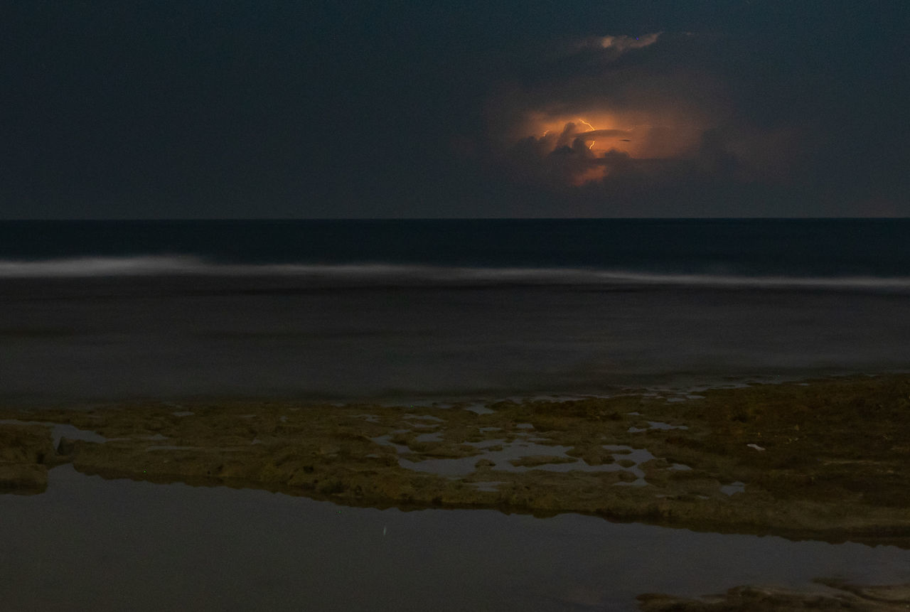 SCENIC VIEW OF BEACH AGAINST SKY AT SUNSET