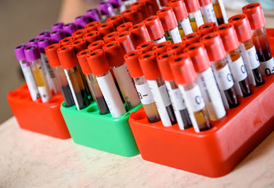 Close-up of test tube racks on table