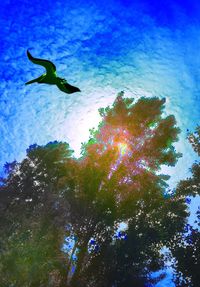 Low angle view of trees against blue sky